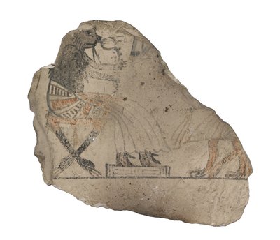 Limestone Ostracon with Humorous Sketches in Red and Black Ink by Egyptian 19th Dynasty
